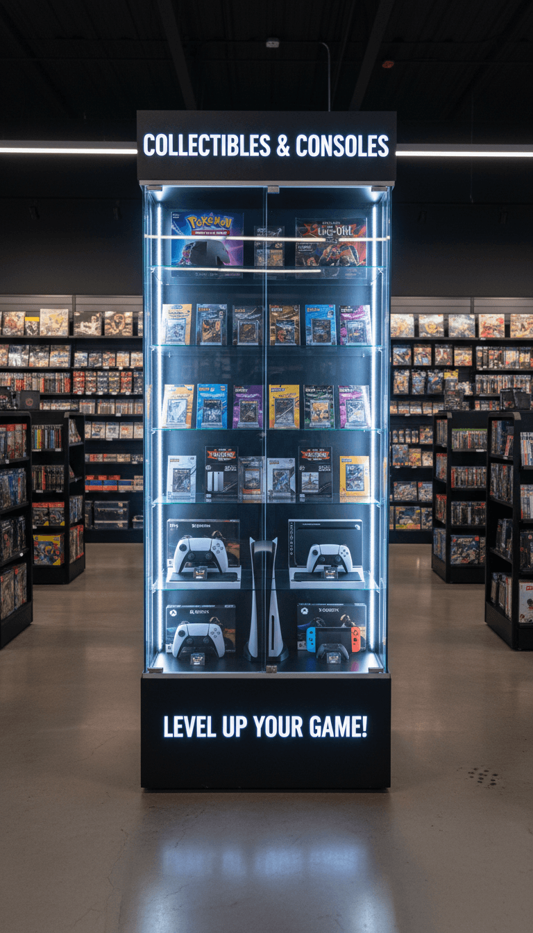 トレーディングカードとゲーム機の展示